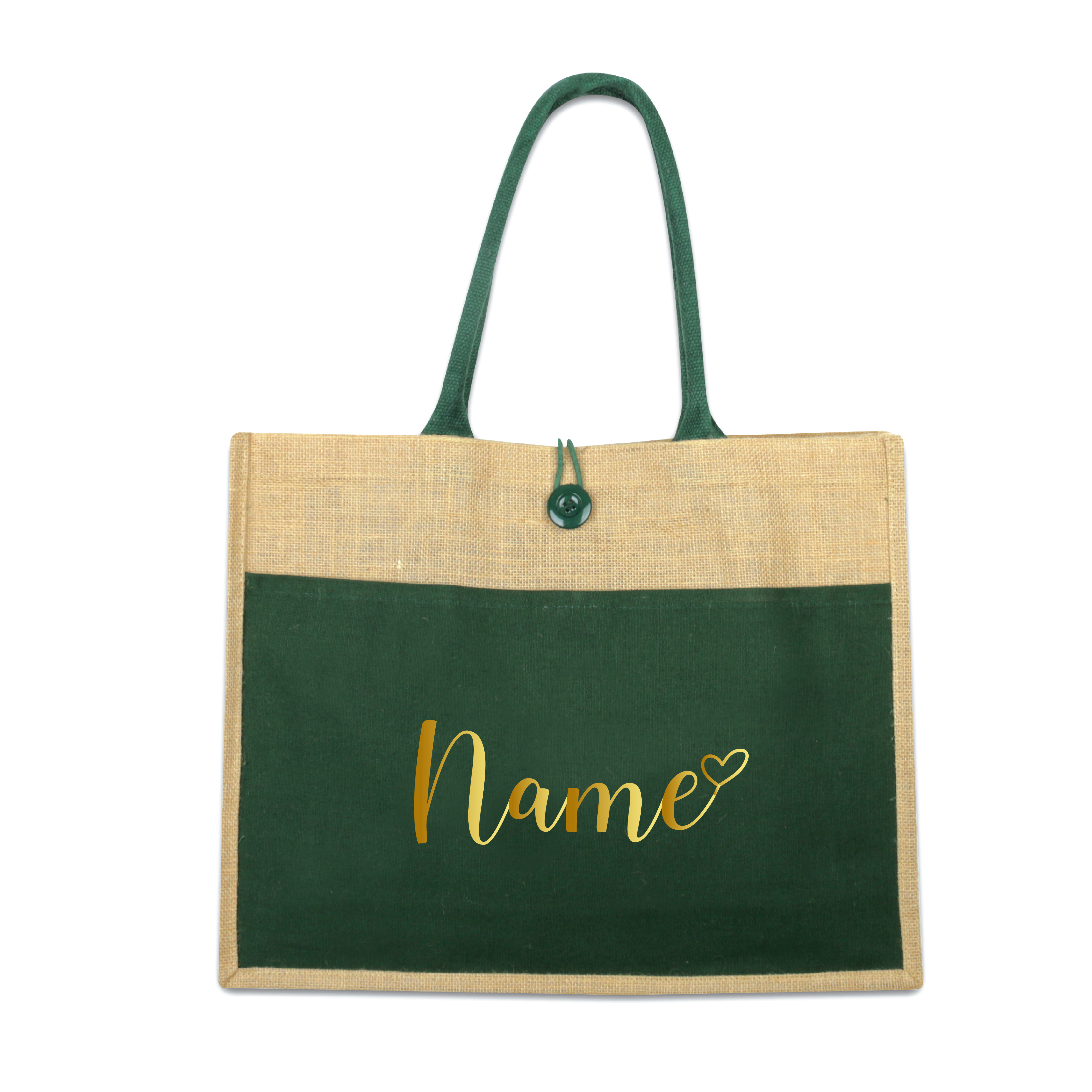 Personalised Jute Bag with Green Canvas Pocket 